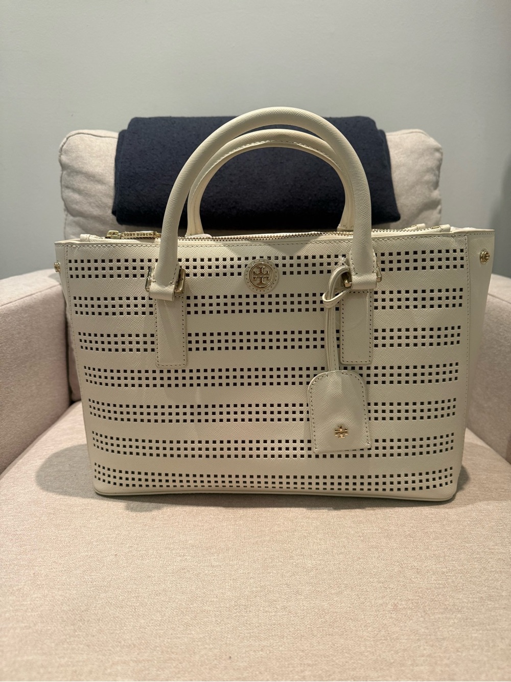 NWT Tory Burch Robinson Perforated Mini Double-Zip Tote Saffiano Leather Cream